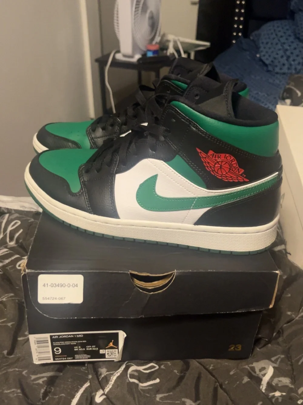Jordan 1 Mid Men's Sneakers - Green/Black/White with Red Wings